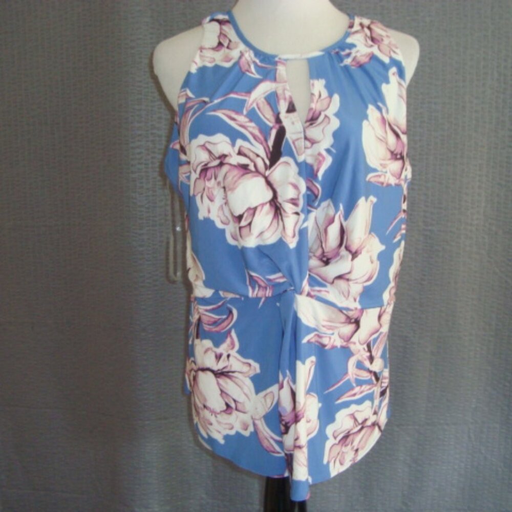 NWT INC Mariana Combo Cut-Out Blue Floral Sleeveless Top Blouse sz L